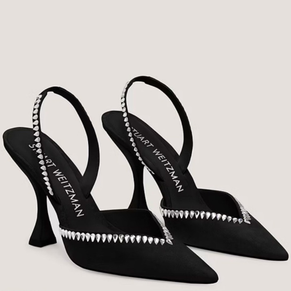 New Stuart Weitzman Black Gemcut Curve Pointed Toe Slingback Pump